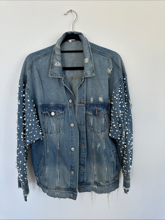 Jackets & Blazers - Sunset and Spring Pearl-Embellished Distressed Denim Jacket - Blue